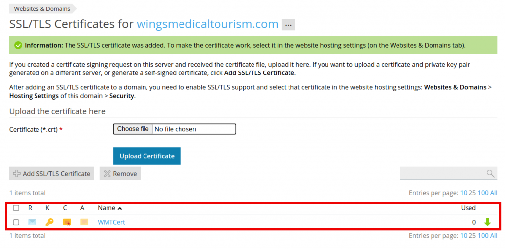 SSL Certificate Upload Successful